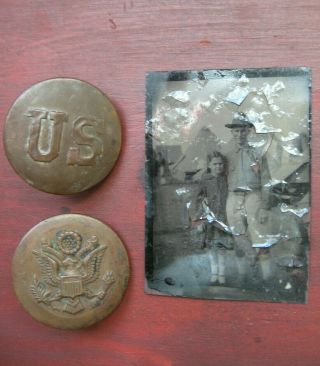 Ww1 Us Cavalry Horse Brass Bridle Army Eagle Buttons & Early War Tin Type Nr