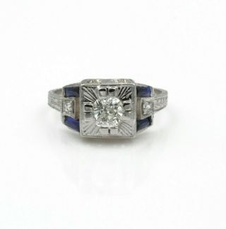 Antique Edwardian 18k White Gold.  76 Ctw Old Mine Diamond Sapphire Ring 742b - 1