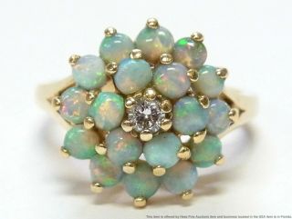 Colorful Natural Australian Opal Diamond 14k Gold Ring Ladies Vintage Cluster