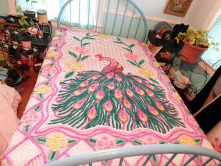 GORGEOUS VINTAGE 1940 ' S FULL SIZE CHENILLE PEACOCK BEDSPREAD FULL SIZE 94 x 100 3