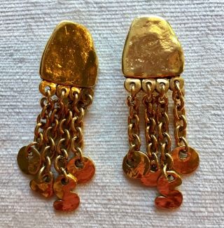 Long Vintage Metal Pointu Gold Clip - On Dangle Earrings