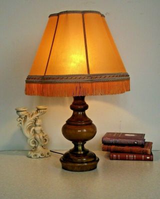 French Country Mid Century Turned Wood Table Lamp With Fringed Hide Shade 1393