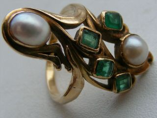 Unique Antique Vintage 18ct Gold Pearl And Emerald Ring Stunning Dress Ring N