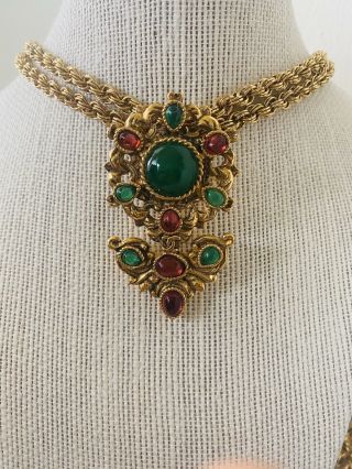 Vintage 1980s Chanel Red Green Gripoix Gold Plated Floral Pendant Enhancer Pin