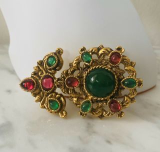 Vintage 1980s CHANEL Red Green Gripoix Gold Plated Floral Pendant Enhancer Pin 2