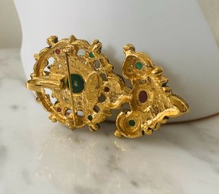 Vintage 1980s CHANEL Red Green Gripoix Gold Plated Floral Pendant Enhancer Pin 3