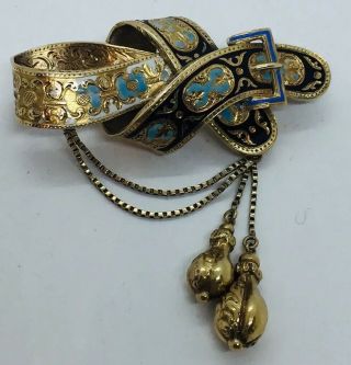 Antique Victorian 14k Yellow Gold & Enamel Buckle Strap Design Tassel Dangle Pin