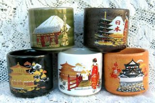 Japanese Temples Sake Cup Set Of 5 Assorted Pottery Cups Geisha Girls Mt.  Fuji