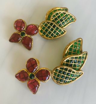 Vintage 1980s Designer Chanel Red Green Gripoix Gold Floral Dangle Clip Earrings