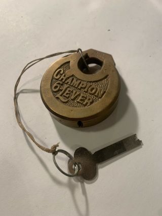 Vintage Champion 6 Lever Pancake Push Key Padlock - Key - Antique