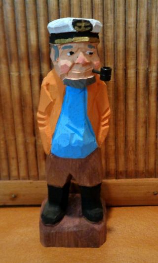 Wooden Old Sea Captain With Pipe / Hand Carved / 6 " Collectible
