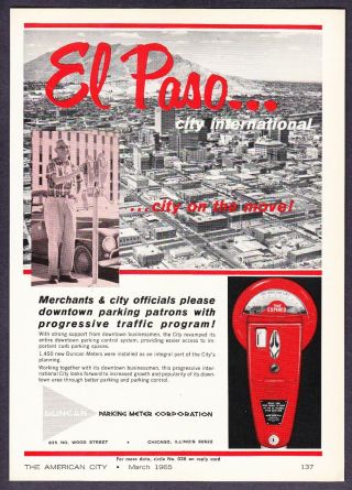 1965 El Paso,  Texas Aerial Photo City On The Move Duncan Parking Meters Print Ad