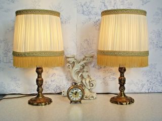 Pair Vintage French Brass Candlestick Lamps Cream Pleated Fringed Shades 1483