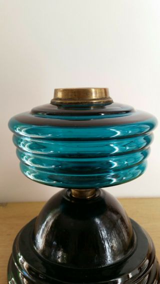Vintage Turquoise Ribbed Glass Oil Lamp Font And Base