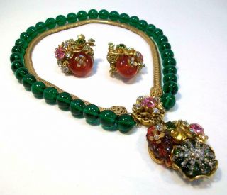 Signed Miriam Haskell Vintage Ornate Glass Rhinestone Cluster Set Pink Red Green