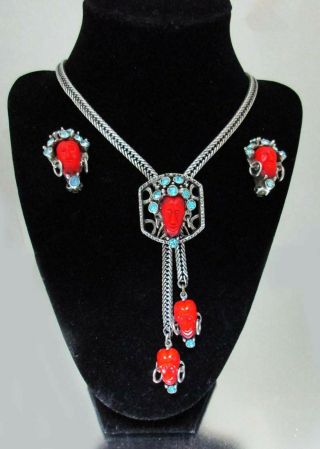 Vintage Selro Red Devil Noh Mask Face Rhinestone Lariat Necklace & Earrings