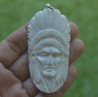Indian Carving 74x33mm Pendant P3635 W/ Silver In Antler Hand Carved