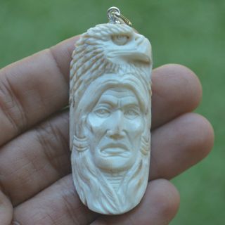 Eagle Indian Carving 56x25mm Pendant P3646 W/ Silver In Antler Hand Carved