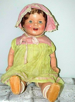 Antique Composition Doll 26 " Open Mouth,  Teeth,  Tin Blue Sleepy Eyes,  Wavy Hair