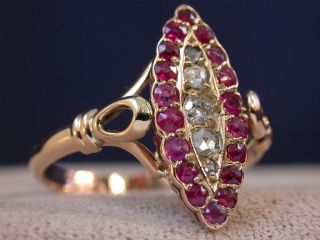 Antique Victorian Nouveau 18k Gold Rose Cut Diamonds & Ruby Ring Nr