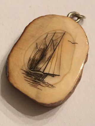 Vintage Hand Carved Nautical Sailboat Boat Ship Scrimshaw Pendant