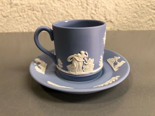 Vintage Wedgewood Jasperware Blue Neoclassical Demitasse Tea Cup & Saucer Set