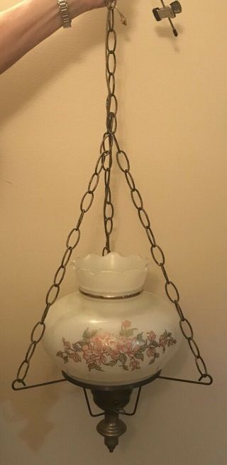 Vintage Mid Century Glass Hanging Light Lamp Brass Electric Oil Look