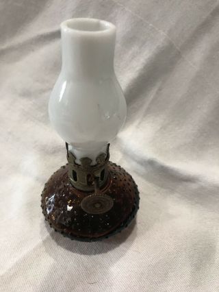 Vintage Miniature Hurricane Oil Lamp Amber Hobnail Milk Glass Shade (cl)
