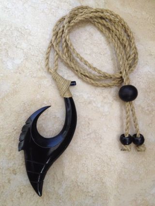 Hawaiian Fishhook Necklace Carved From Buffalo Horn 2“ Tall With Adjustable Cord 2