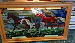 Vtg Joan Baker Designs Stained Hand Painted Glass Three Horses Wood Framed