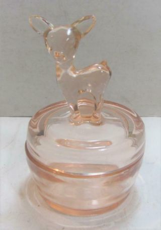 Vintage Jeanette Pink Depression Glass Covered Candy Dish With Deer Fawn Lid