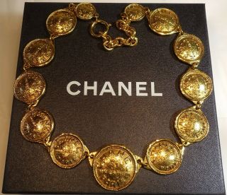 Vintage Chanel 1990s Gold Coin Necklace,  Chanel Black Box Fr Usa Seller