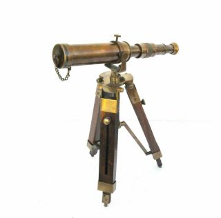 10 " Maritime Decorative Brass Antique Telescope With Wooden Tripod Collectible