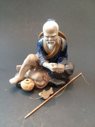 Vintage Chinese Asian Mud Man Fishing Porcelain Figurine Shiwan Art Oriental