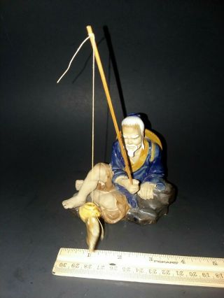 Vintage Chinese Asian Mud Man Fishing Porcelain Figurine Shiwan Art Oriental 2