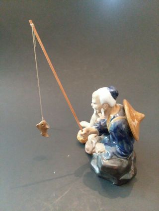 Vintage Chinese Asian Mud Man Fishing Porcelain Figurine Shiwan Art Oriental 3