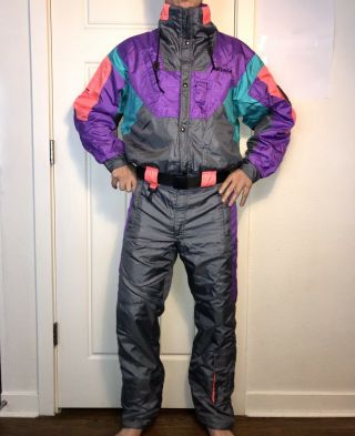 Vtg 80s 90s Gray Nevica Mens Small One Piece Ski Suit Snow Bib Snowsuit Neon 38