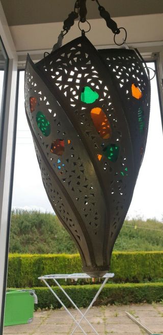 Vintage Moroccan Silver Metal And Stained Glass Hanging Lampshade