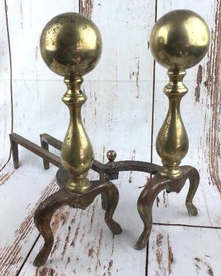 Vtg Brass Fireplace Andirons & Firedogs Cannon Ball Colonial Set Pair
