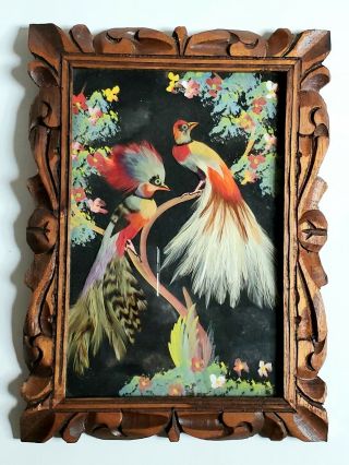 Vintage Feather Bird Folk Wall Art Picture Of Mexican Carved Wood Frame 1958