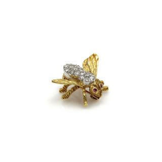 18k Solid Gold Herbert Rosenthal Bee Brooch 0.  35 Ctw Diamond & Ruby 715b - 1