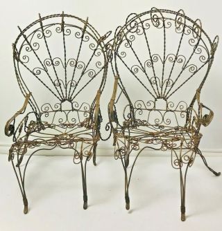 Set Of Vtg Antique Wired Chair Wrought Iron Wire Metal 19 " Tall Homemade Doll