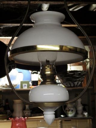 Victorian Hanging Opaque Glass Oil Lamp And Shade