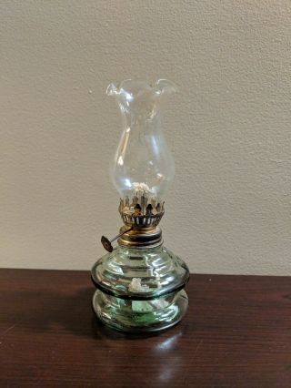 Antique Miniature Green Glass Finger Oil Hurricane Lamp