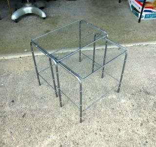 Pair Vtg Mid Century Modern Faux Bamboo Silver Metal & Glass Stack Tables Stands