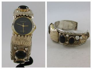 Vintage Bold Navajo Gold Filled & Sterling Silver Onyx Watch Cuff By Artisan Tf