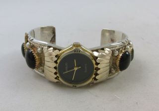 VINTAGE BOLD NAVAJO GOLD FILLED & STERLING SILVER ONYX WATCH CUFF BY ARTISAN TF 3