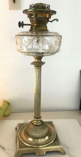Large Victorian Brass Oil Lamp With Large Crystal Cut Clear Fount Hincks Burner