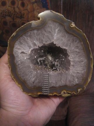 Huge Vintage Cut And Polished Geode With Pewter Miners Hitting The Motherload