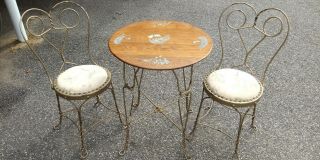 Vintage Ice Cream Parlor Soda Fountain Oak Table And 2 Wrought Iron Chairs